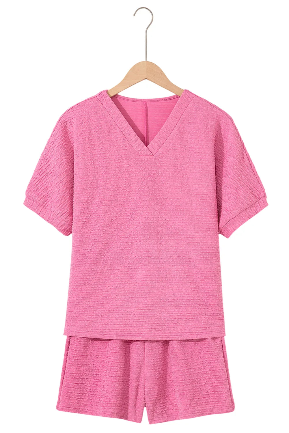 Solid Textured T-Shirt and Shorts Set - Pink - white background