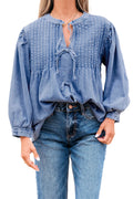 Solid Denim Pleated Bow Tie Puff Sleeve Top - Myosotis - white background