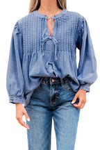 Solid Denim Pleated Bow Tie Puff Sleeve Top - Myosotis - white background