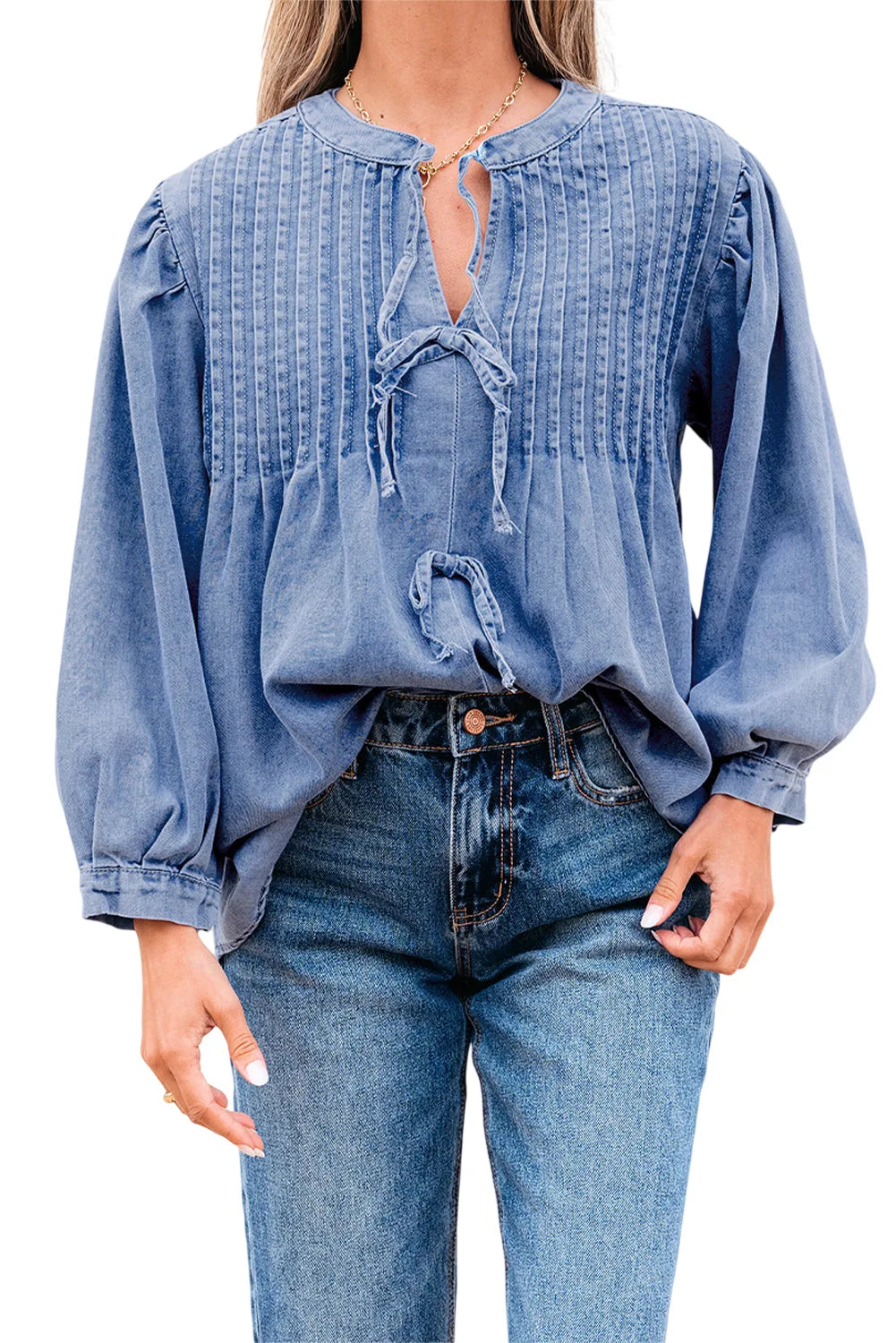 Solid Denim Pleated Bow Tie Puff Sleeve Top - Myosotis - white background
