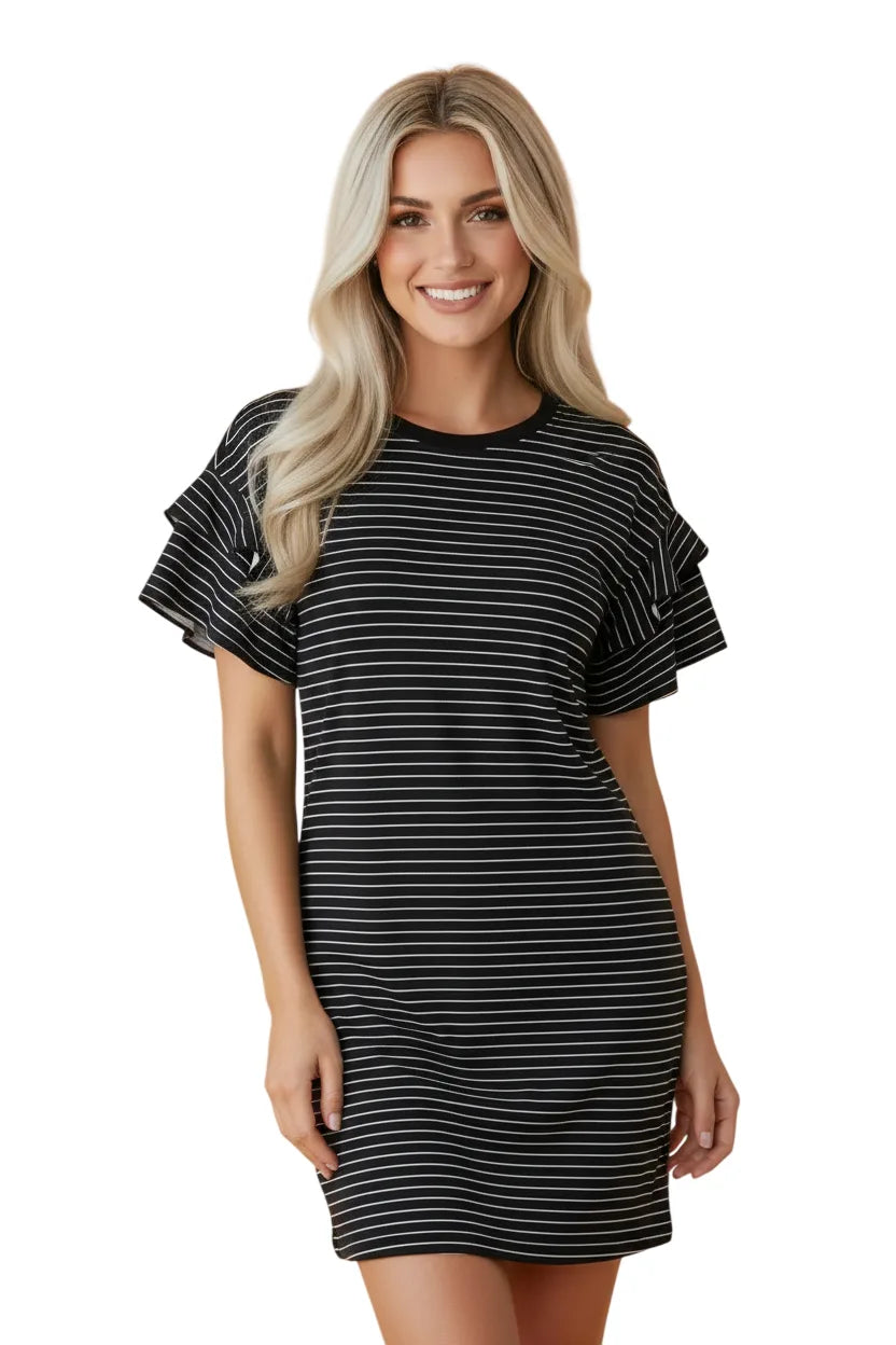 Stripe Ruffle Short Sleeve Crew Neck T-Shirt Mini Dress - Black Stripe - white background