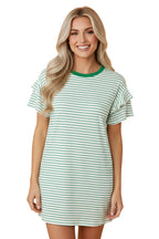 Stripe Ruffle Short Sleeve Crew Neck T-Shirt Mini Dress - Green Stripe - white background