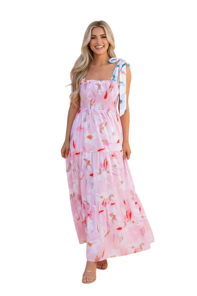 Floral Knotted Shoulder Smocked Maxi Dress - Pink - white background
