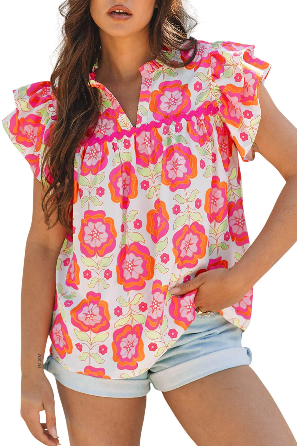 Floral Ricrac Trim  Ruffle Sleeve Blouse - Rose - white background