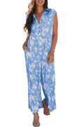 Floral Half-Button Sleeveless Wide Leg Jumpsuit - Myosotis - white background