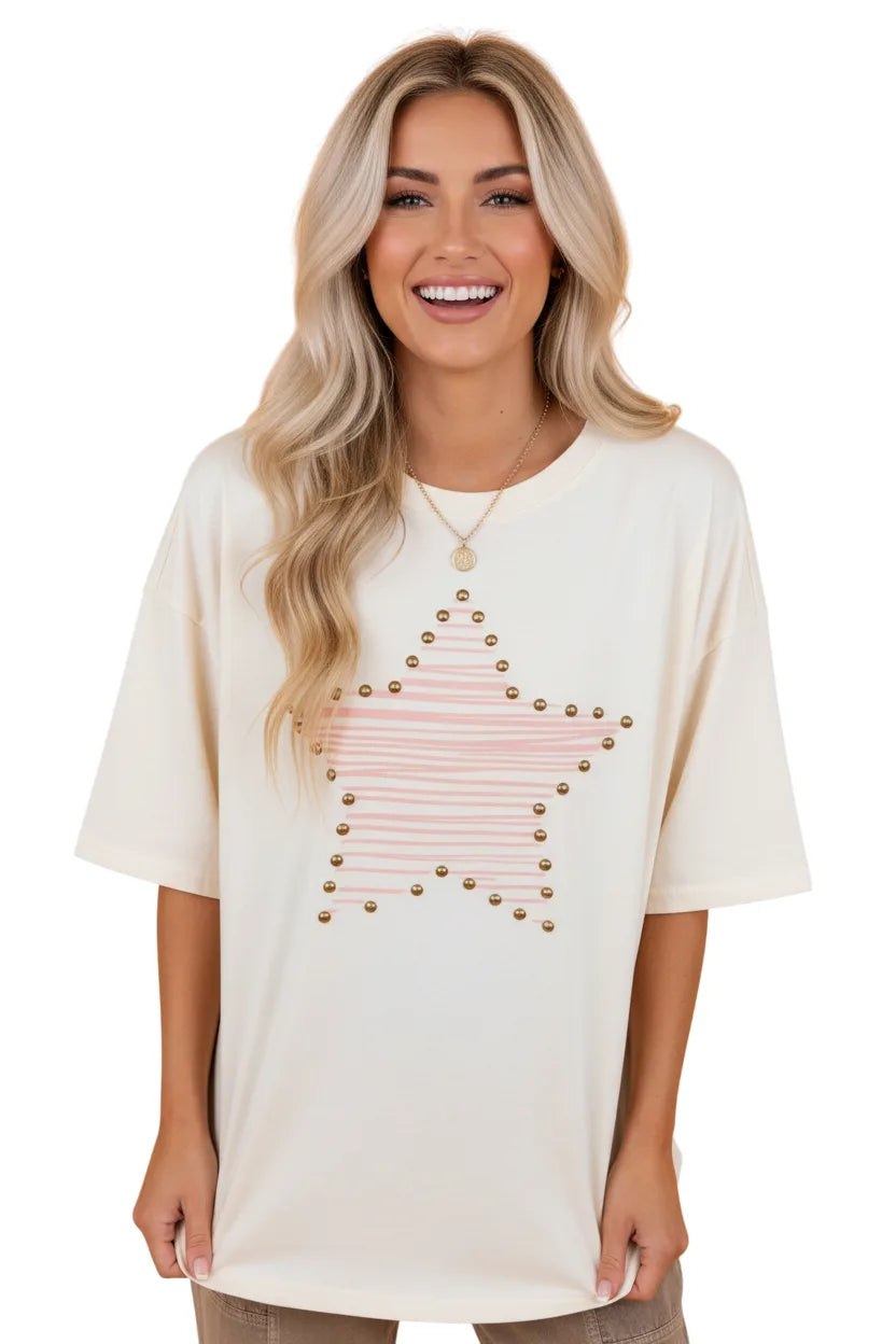 Western Star Studded Detail Short Sleeve Top - Beige - white background