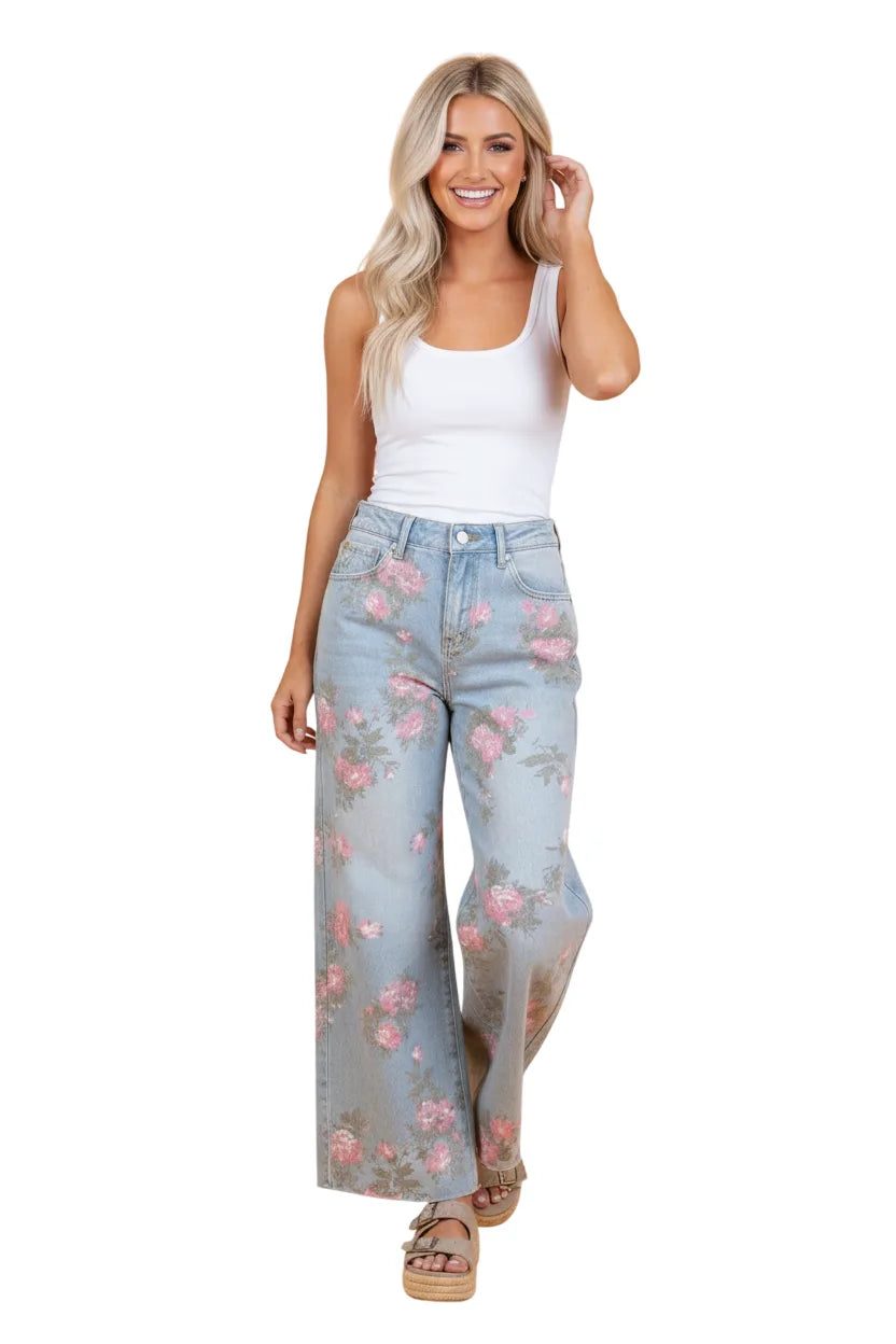 Floral Denim Wide Leg Jeans - Sky Blue - white background