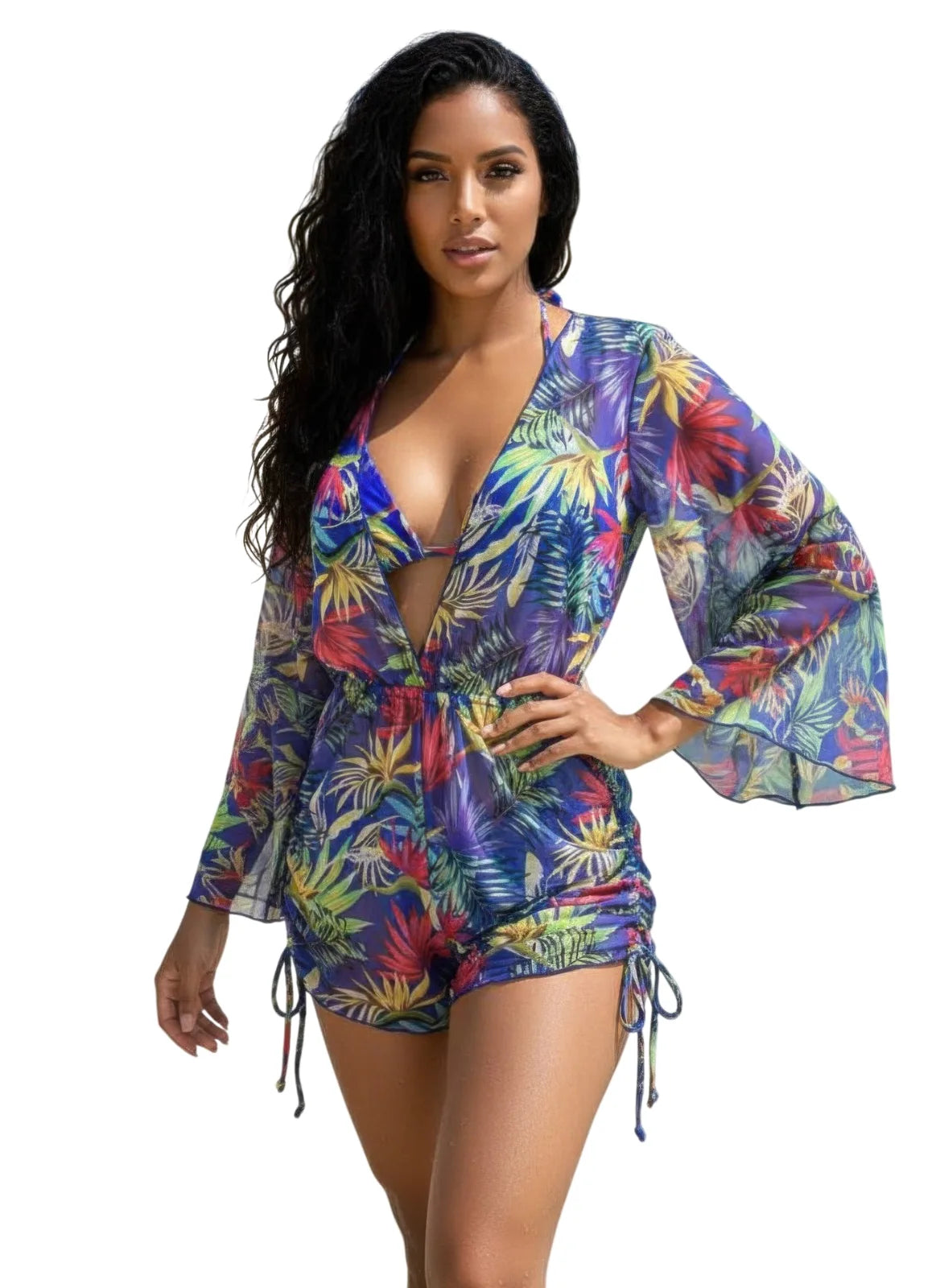 Vibrant Tropical Print 3-piece Bikini & Mesh