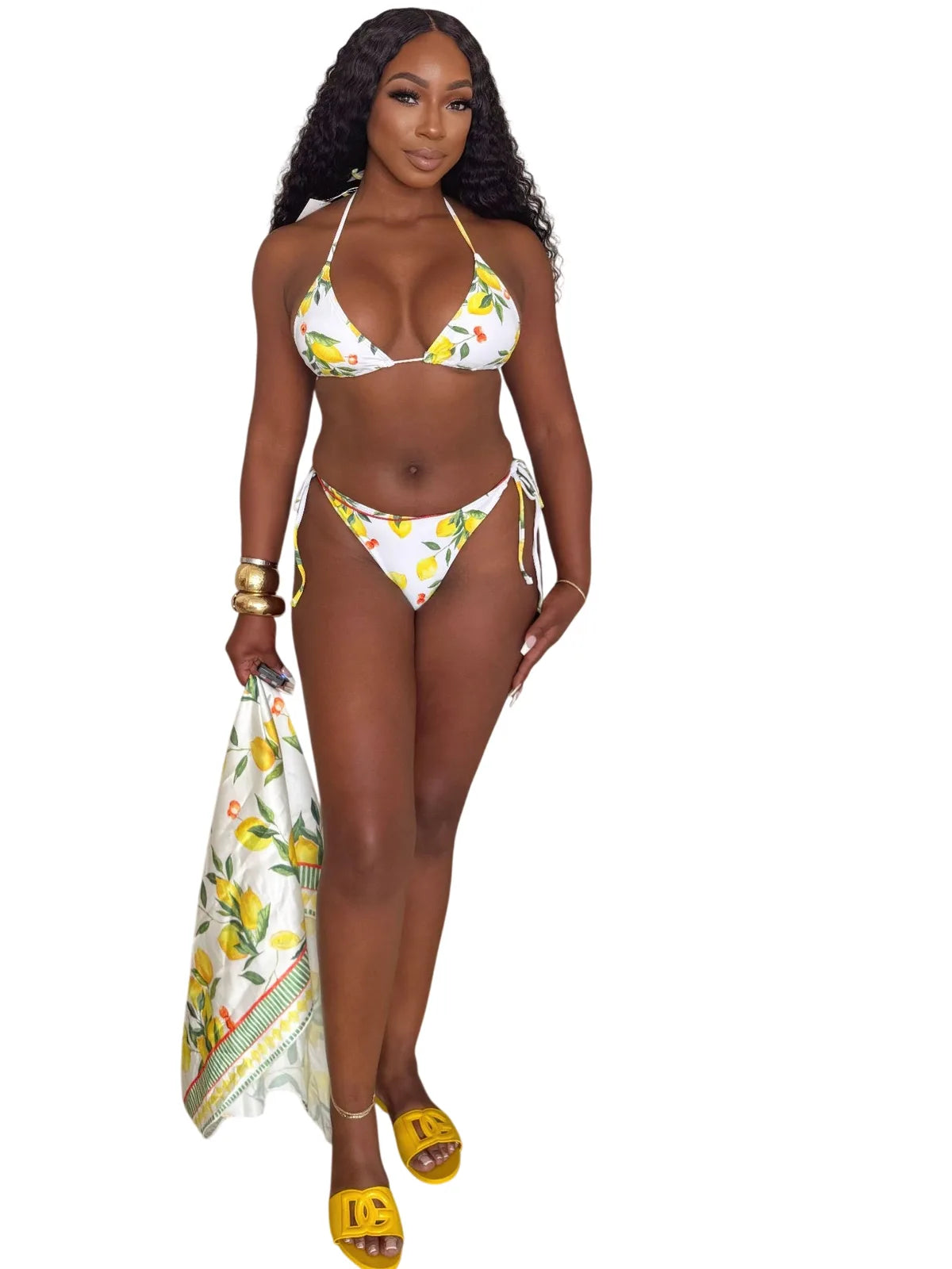 Women's String Bikini with Lemon Print for Vacations - white background