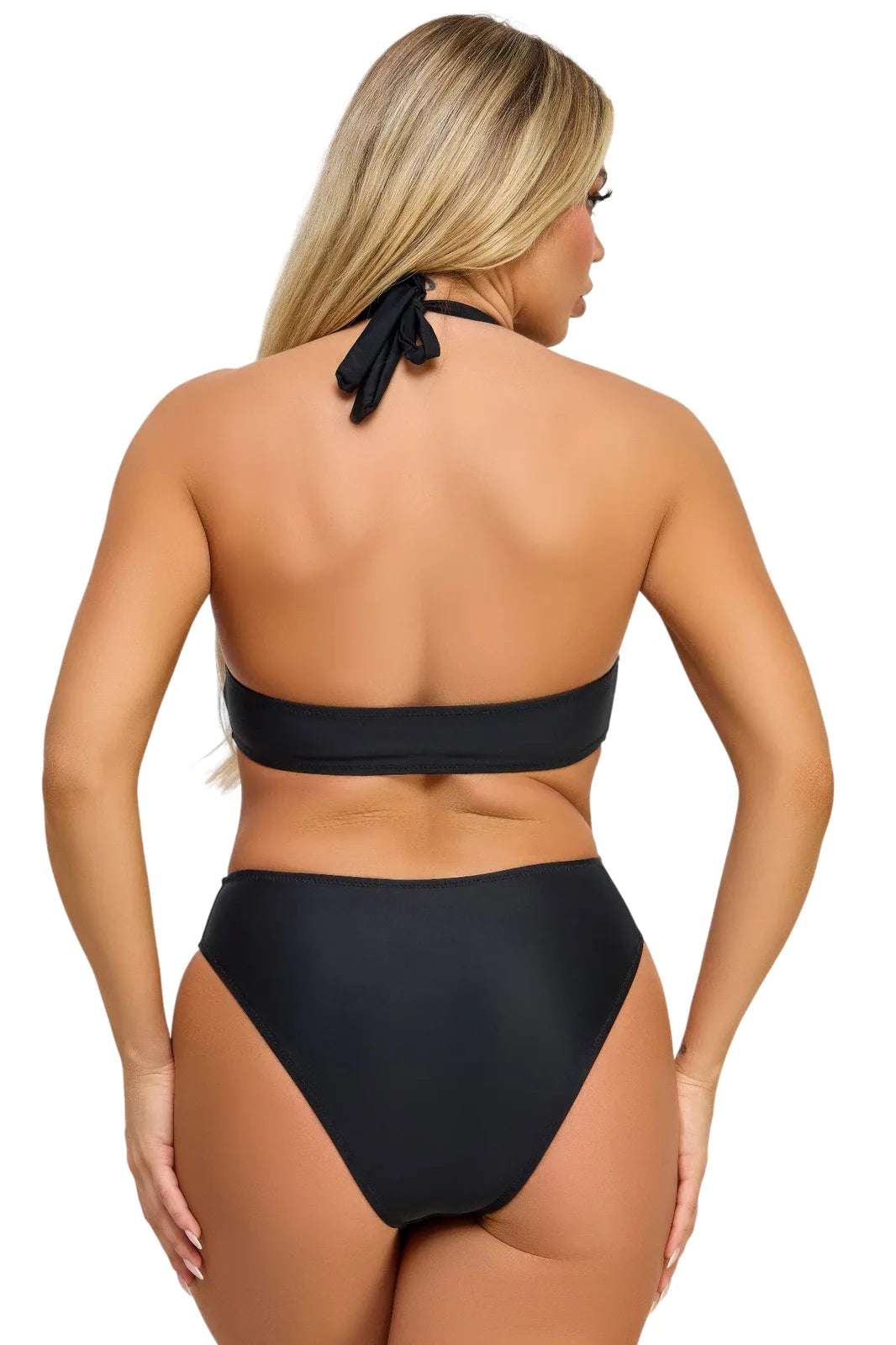 Chic Women's Swimwear Swimsuit with Halter Neck Design - Black - white background
