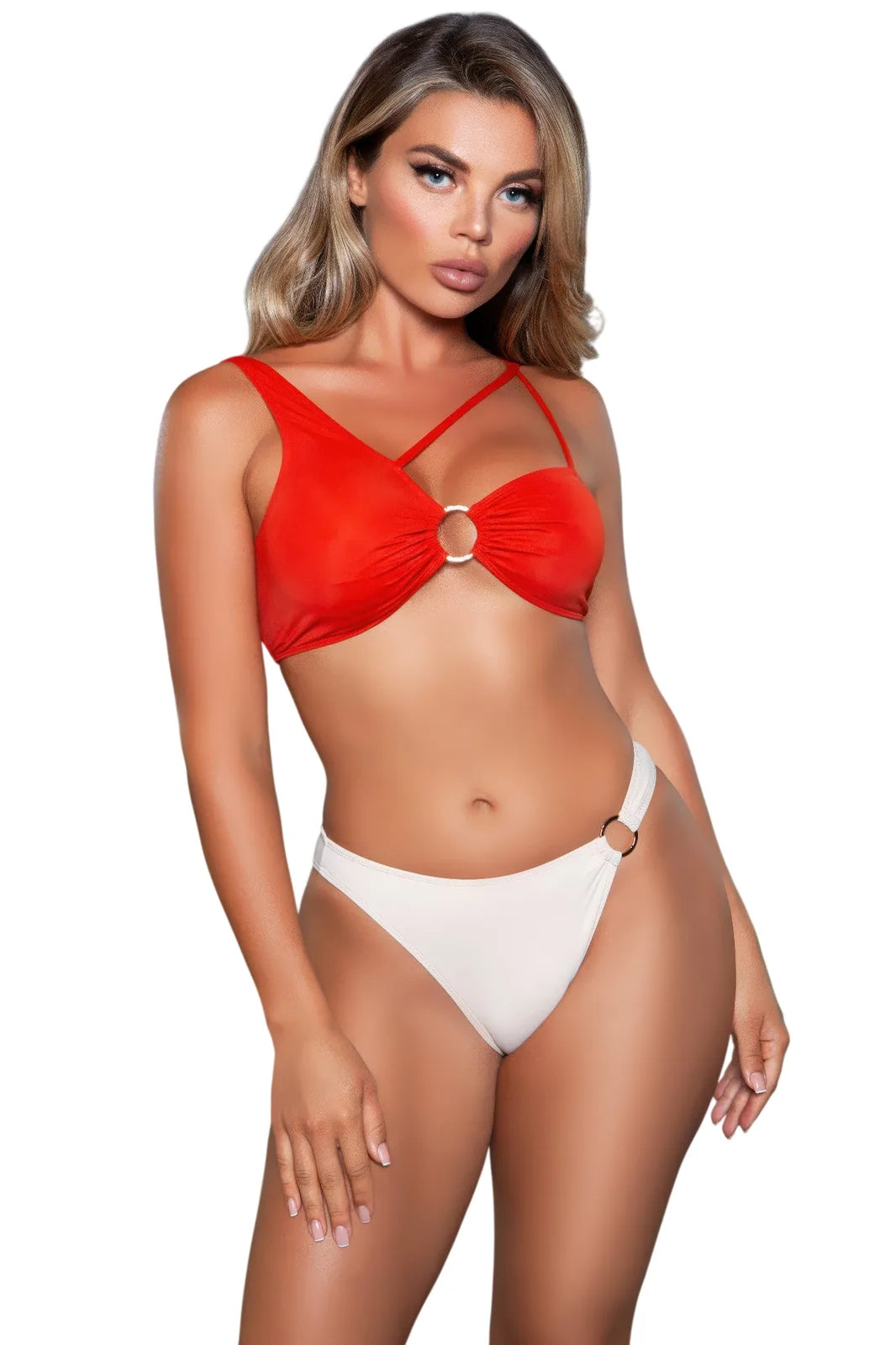Women's Swimwear with Stylish Ring Detail Bikini Set - Red/Beige - white background