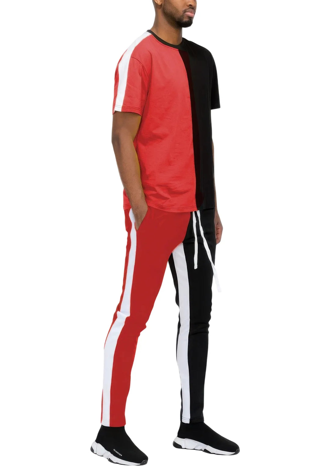 Two Tone Color Block Track Pant Jogger - Red Black - white background