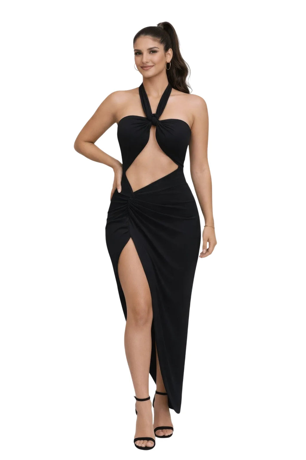 Sleek Black Cutout Maxi Dress for Solar Total Eclipse - white background