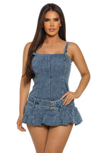 Women's Denim Mini Dress with Ruffled Hem - white background