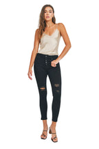 High Rise Destructed Skinny Jeans - Black - white background