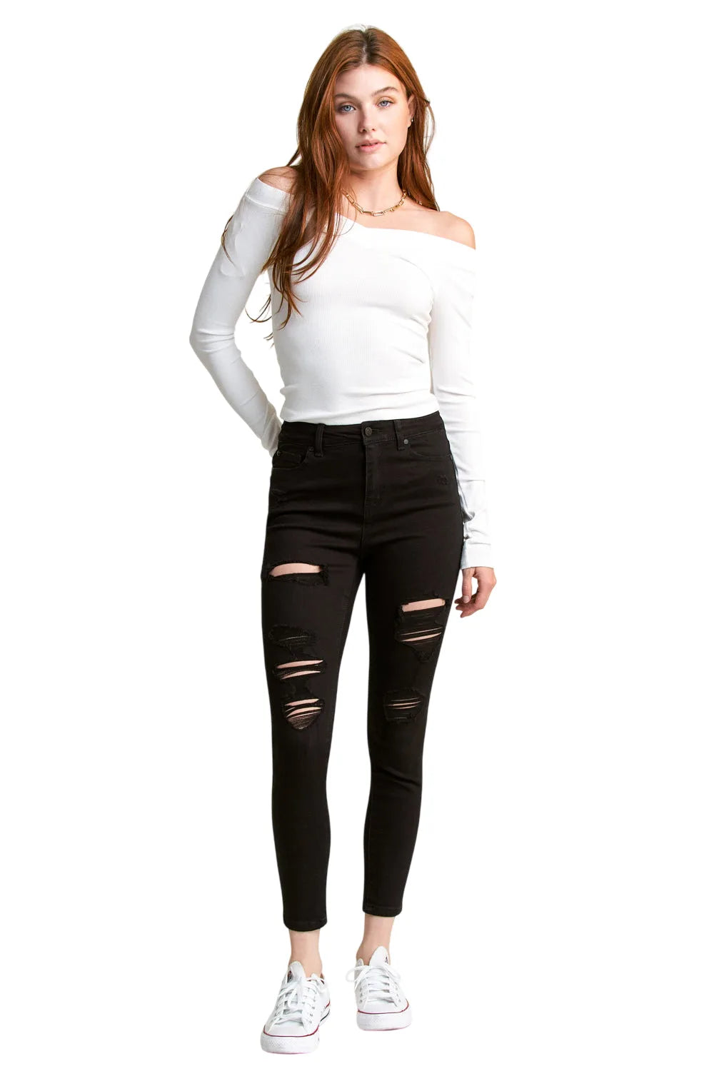 High Rise Destructed Skinny Jeans - Black - white background