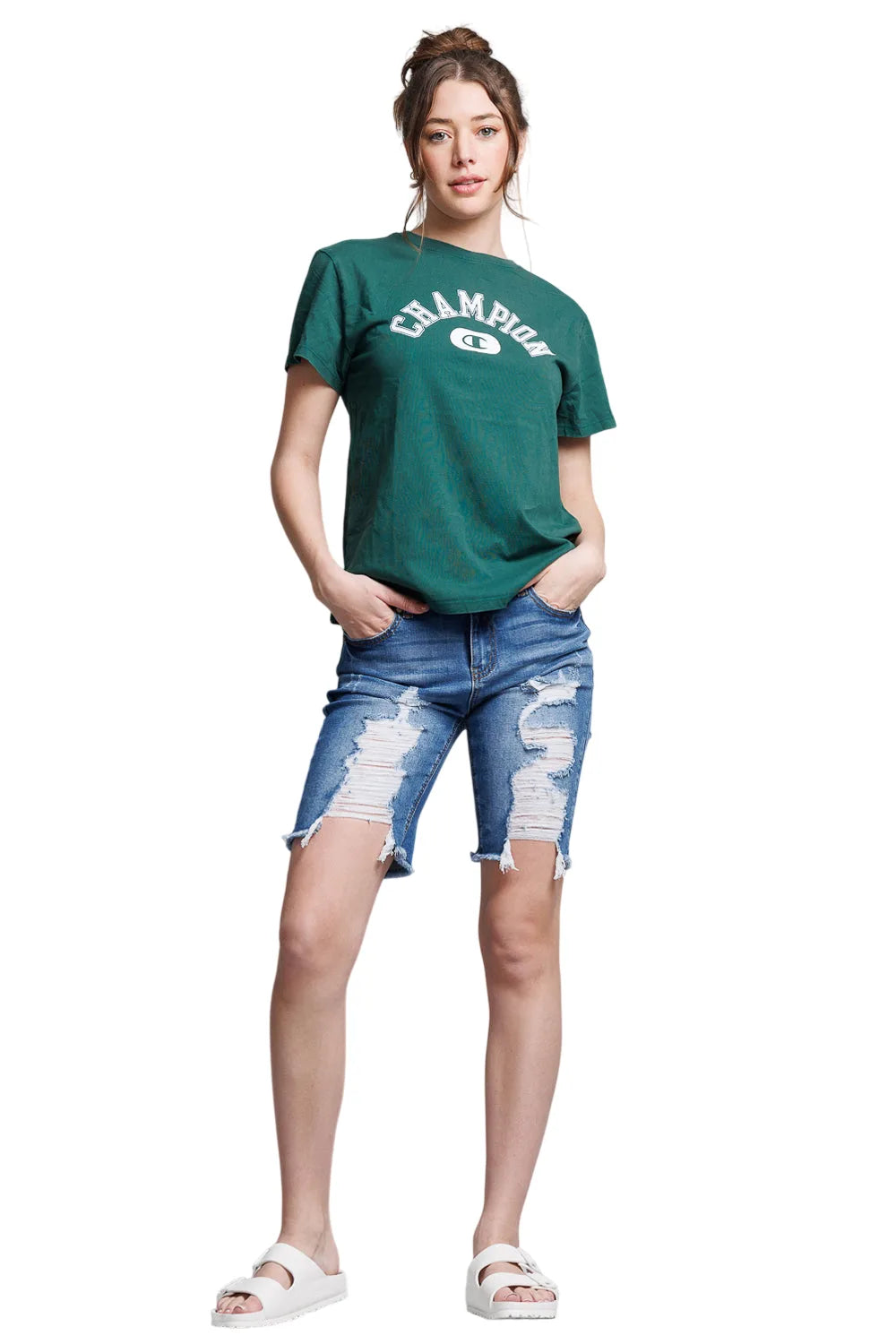 Mid Rise Heavy Destructed Bermuda Denim Shorts - Medium - white background