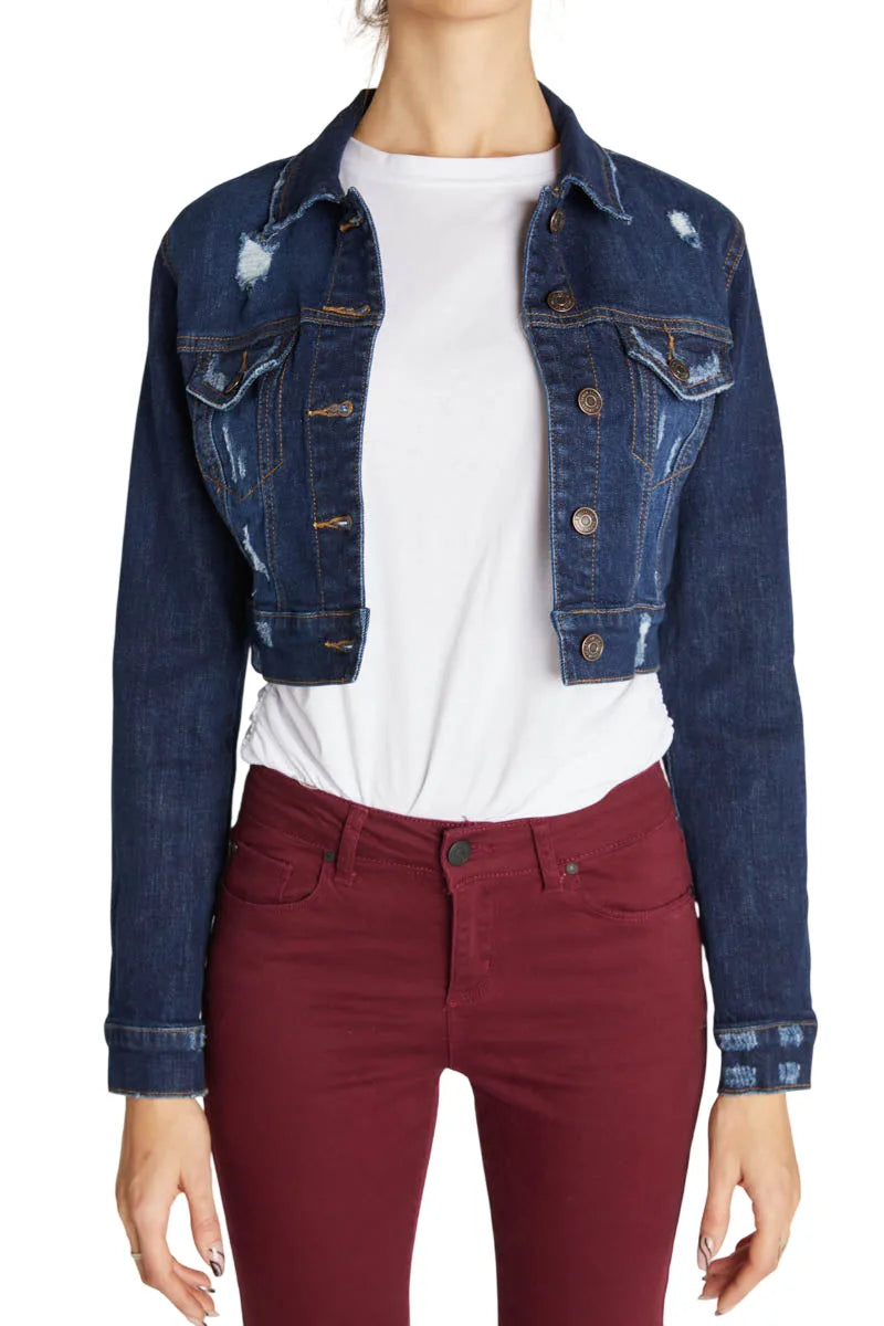 Destructed Cropped Denim Jacket - DARK - white background
