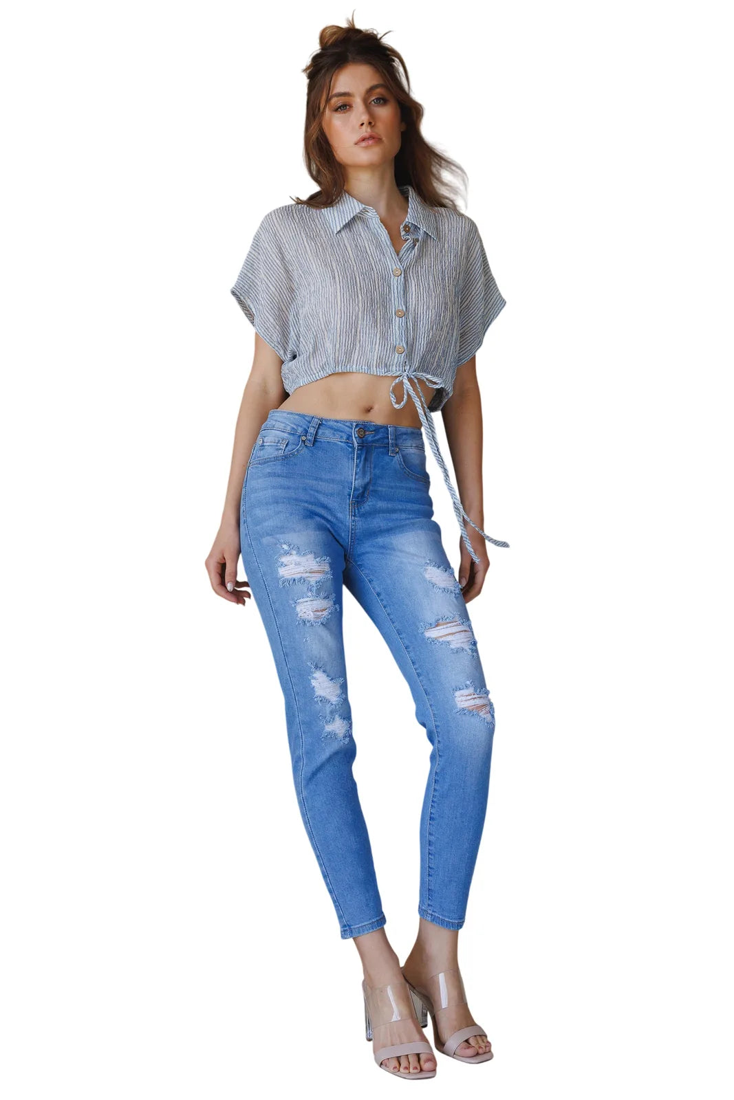 High Rise Destructed Skinny Jeans - Light - white background