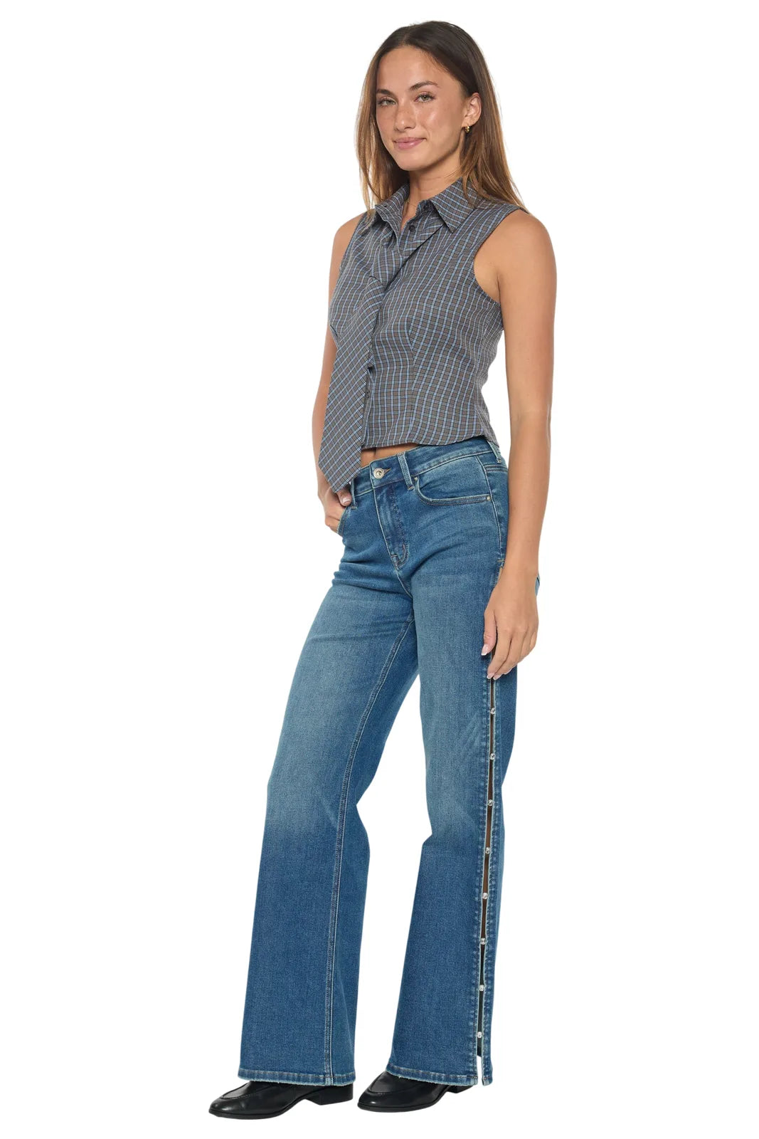 High Rise Wide Leg Jeans with Rhinestone Cutout Detail