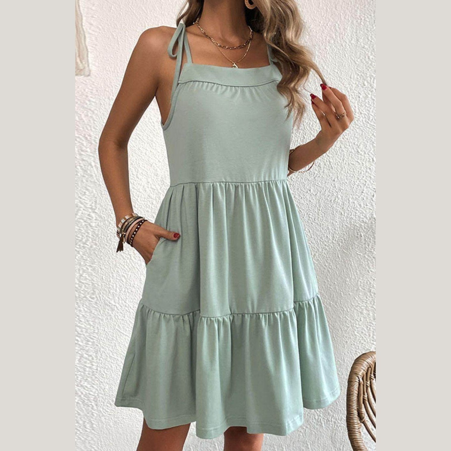 Tie-Shoulder Tiered Dress with Pockets - VacationGrabs