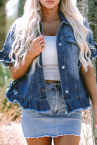 Women's Coats & JacketsPeacock Blue Raw Edge Ruffled Short Sleeve Denim Jacket - VacationGrabs