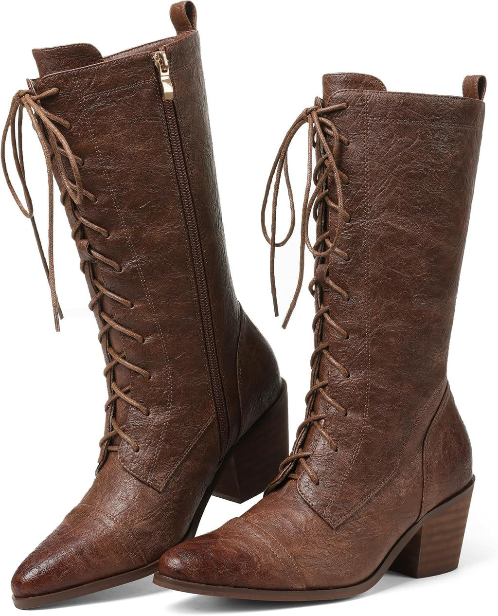 Women's Black Lace-Up Mid Calf Combat Boots, Chunky Heel