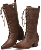 Women's Black Lace-Up Mid Calf Combat Boots, Chunky Heel