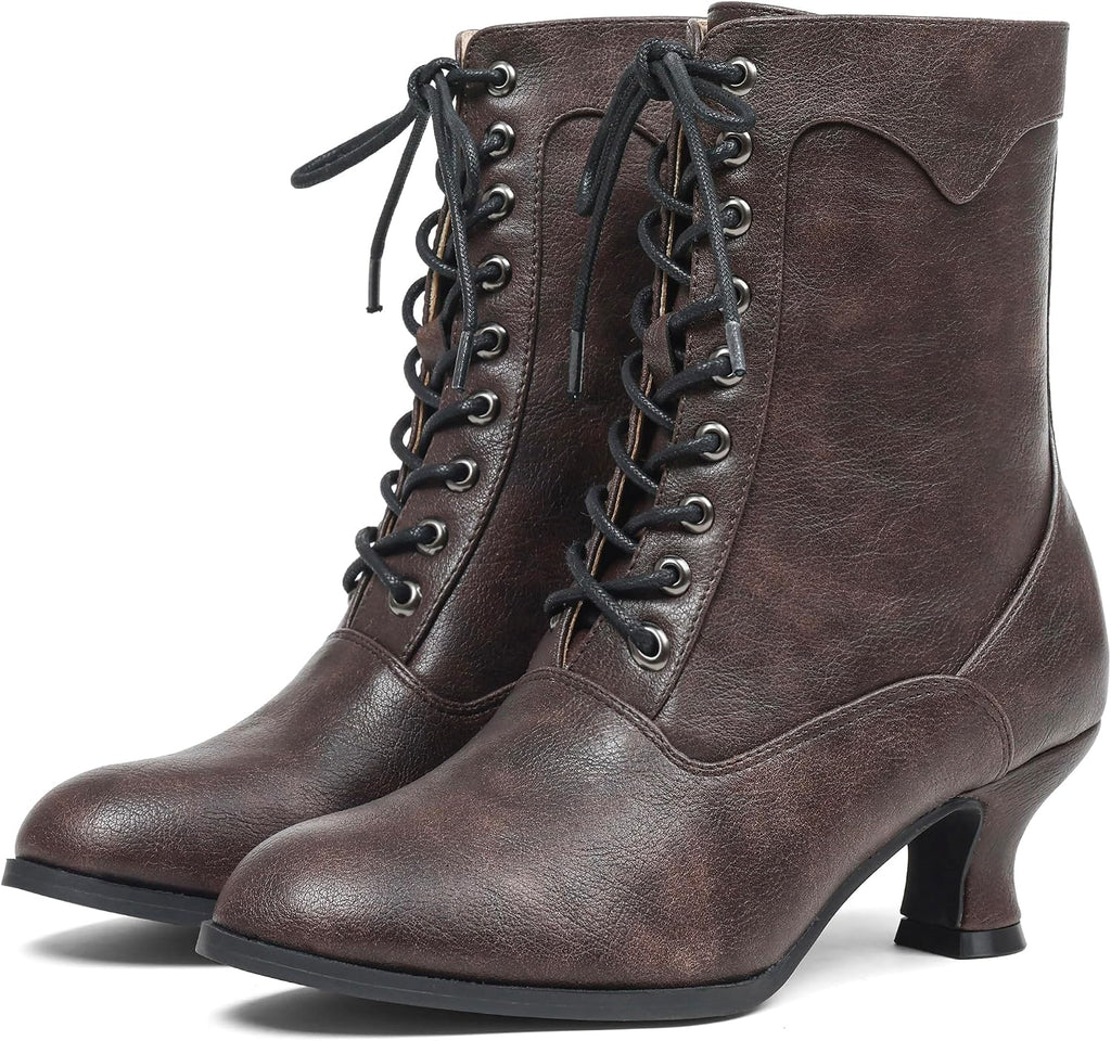 Women's Black Chunky Heel Lace-Up Mid Calf Victorian Boots