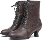 Women's Black Chunky Heel Lace-Up Mid Calf Victorian Boots