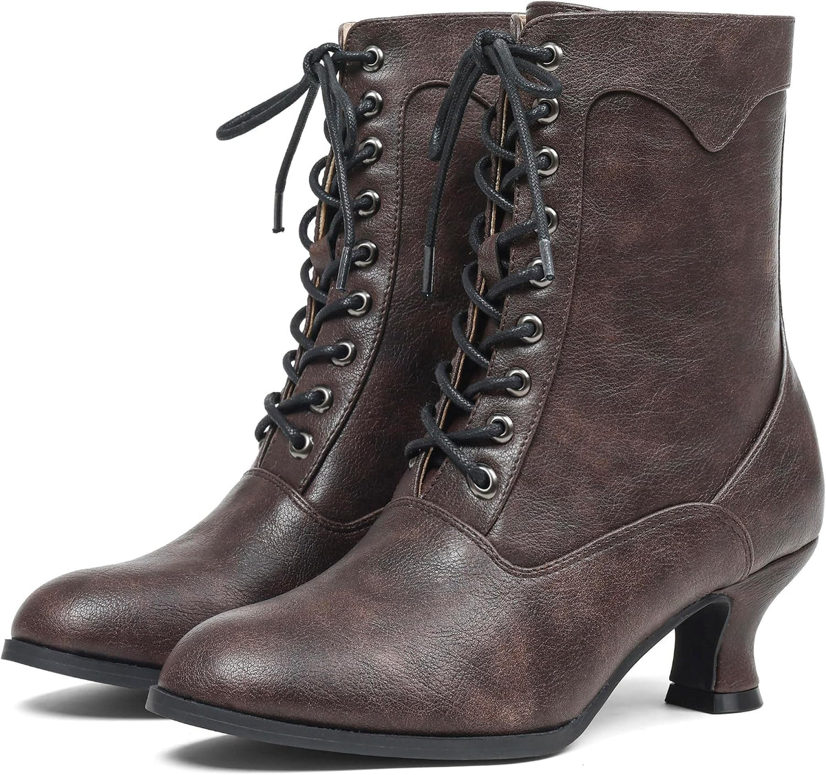 Women's Black Chunky Heel Lace-Up Mid Calf Victorian Boots