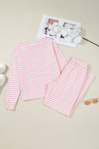 Stripe Drop Shoulder Top & Buttoned Pants Set