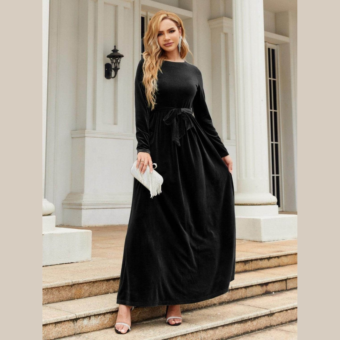 Tie Front Round Neck Long Sleeve Maxi Dress - VacationGrabs