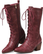 Women's Black Lace-Up Mid Calf Combat Boots, Chunky Heel