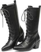 Women's Black Lace-Up Mid Calf Combat Boots, Chunky Heel
