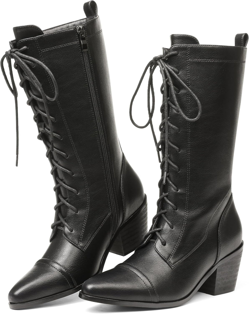 Women's Black Lace-Up Mid Calf Combat Boots, Chunky Heel