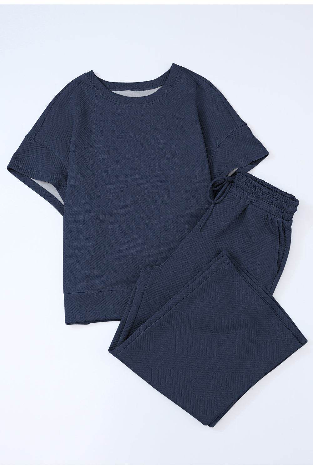 Navy Blue Textured Loose Fit T Shirt and Drawstring Pants Set - VacationGrabs