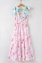 Floral Knotted Shoulder Smocked Maxi Dress