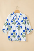 Flower Contrast V-Neck 3/4 Sleeve Blouse