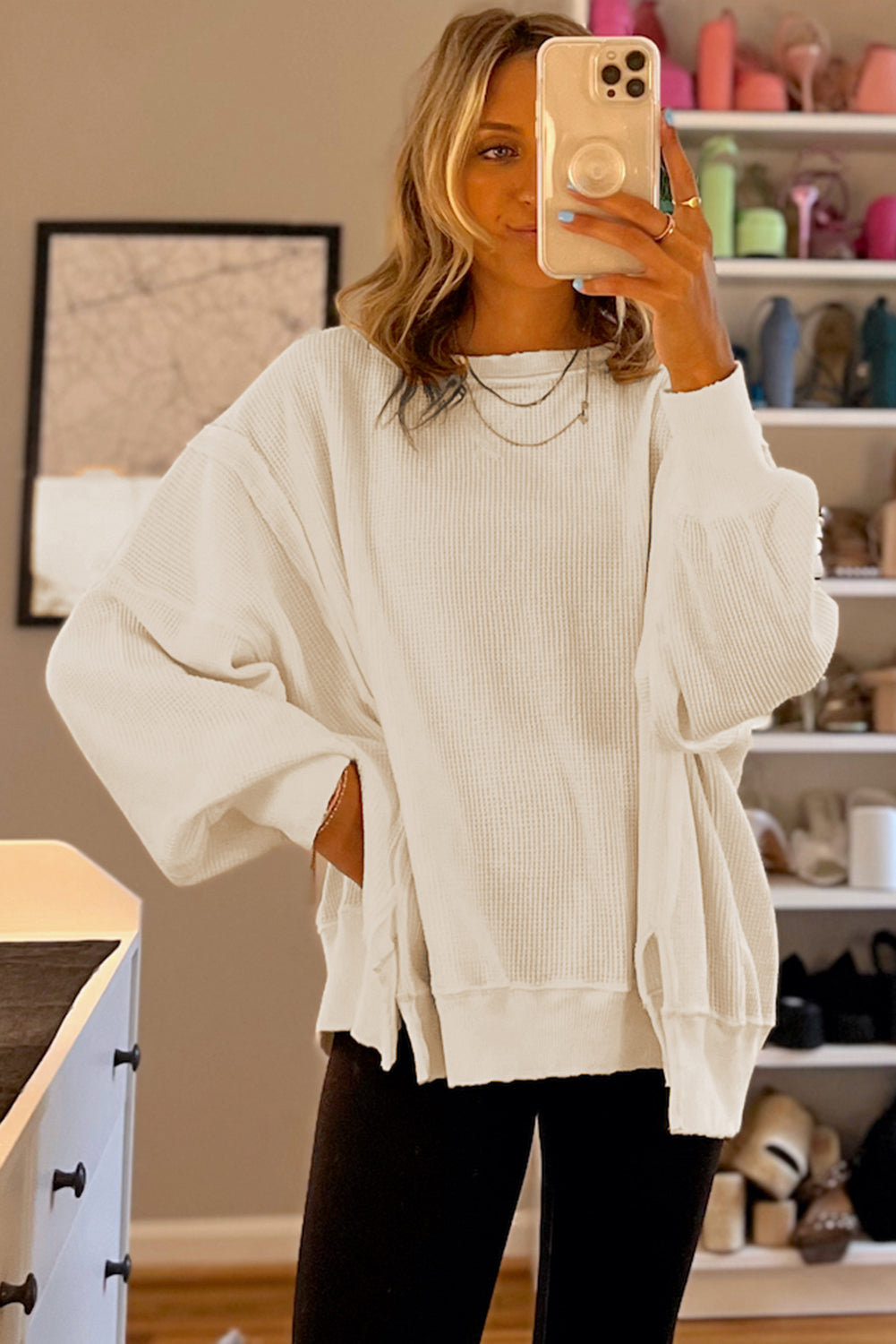 Women's ShirtsWhite Waffle knit Bishop Sleeve Split Oversized Top - VacationGrabs