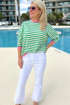 Women's ShirtsBright Green Striped Contrast Edge Long Sleeve Top - VacationGrabs