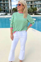 Bright Green Striped Contrast Edge Long Sleeve Top - VacationGrabs