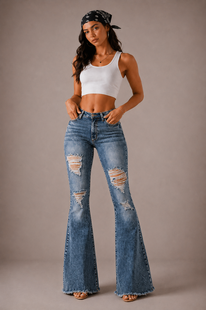 Storm Bell Bottom Jean in Stone Wash