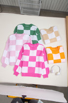 Women's SweatersPink Checkered Bishop Sleeve Sweater - VacationGrabs