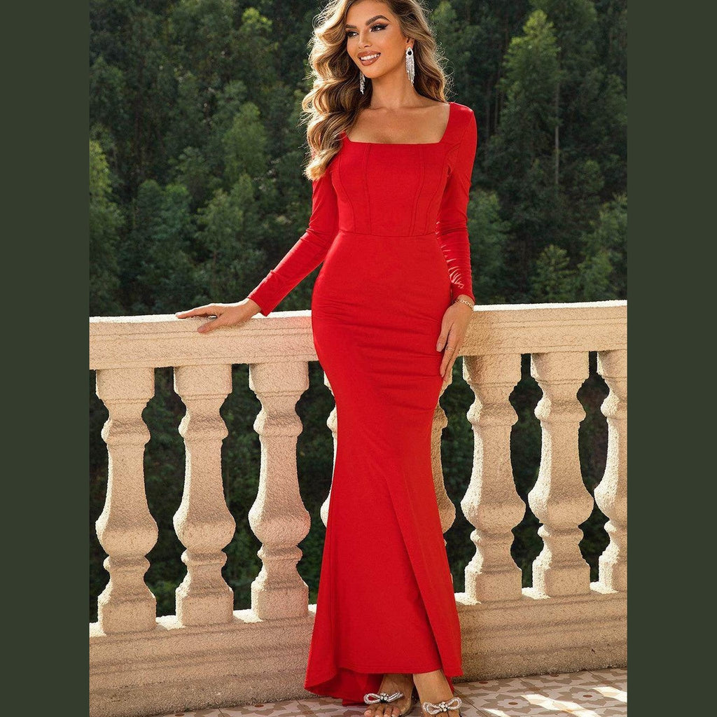 Square Neck Long Sleeve Dress - VacationGrabs