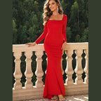 Square Neck Long Sleeve Dress - VacationGrabs