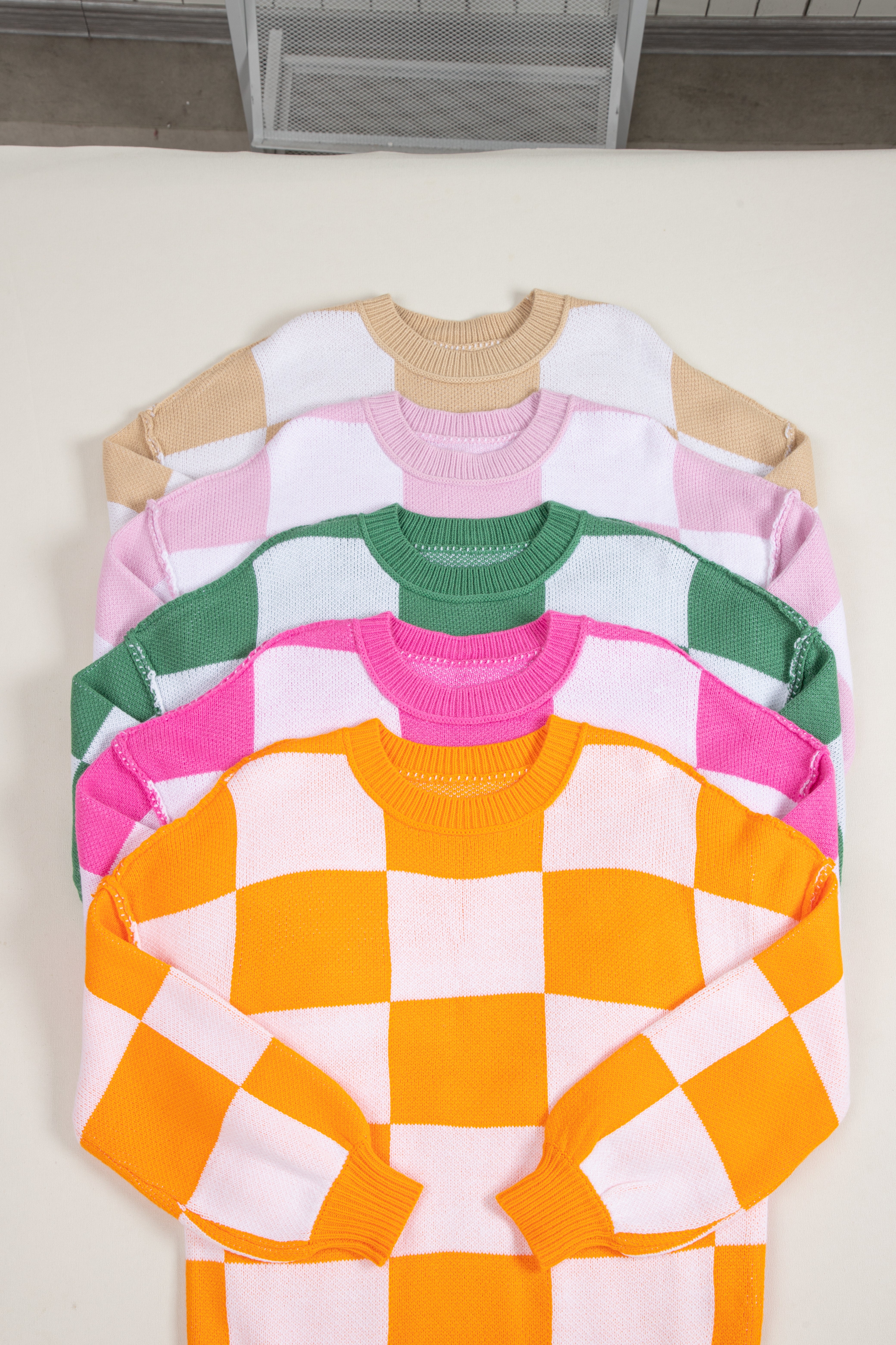 Women's SweatersOrange Checkered Bishop Sleeve Sweater - VacationGrabs