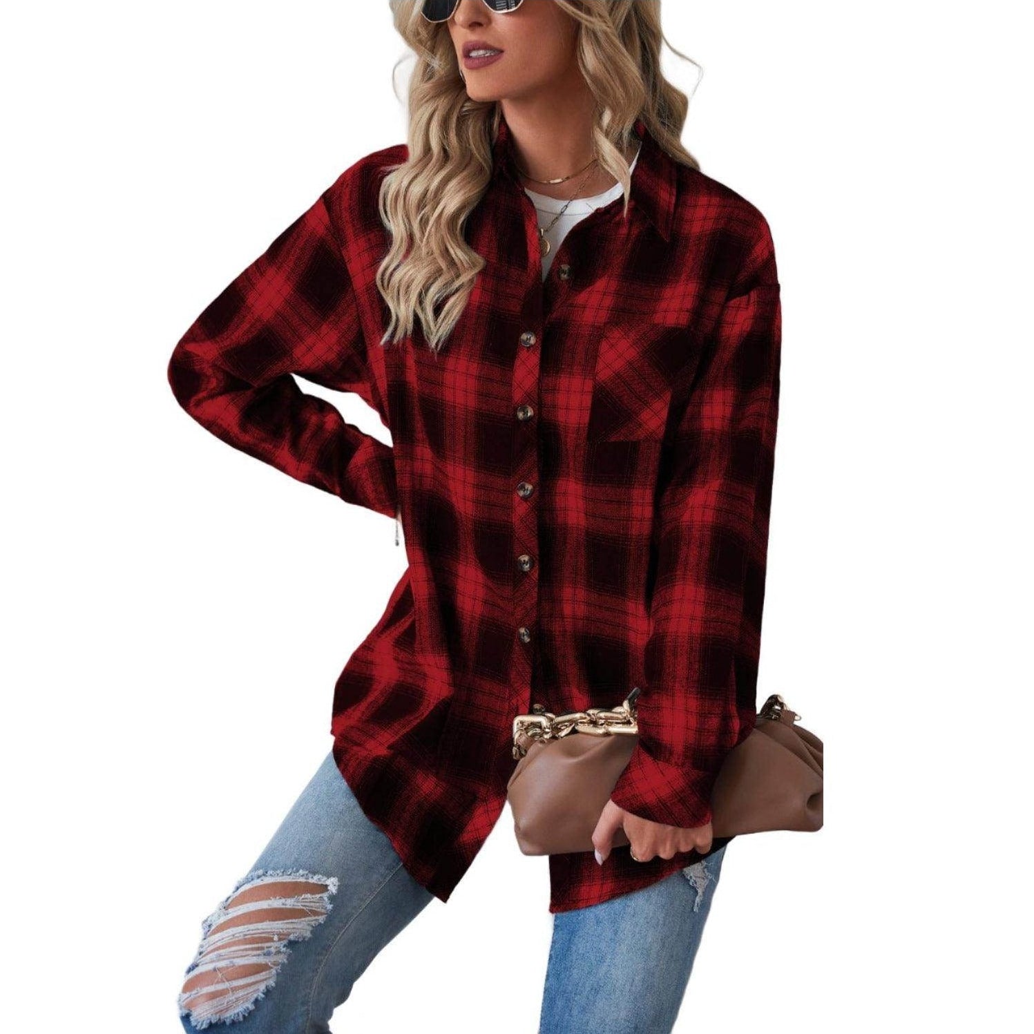 Plaid Button Up Dropped Shoulder Outerwear - VacationGrabs