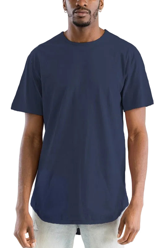 Man wearing a navy blue t-shirt against a white background