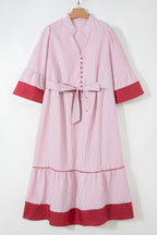 Plus Size Pinstripe Ruffle Hem Midi Dress